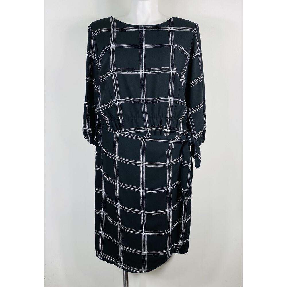 Lane Bryant Dress 20 Black Plaid Tie Waist 3/4 Sleeve Career Party Event